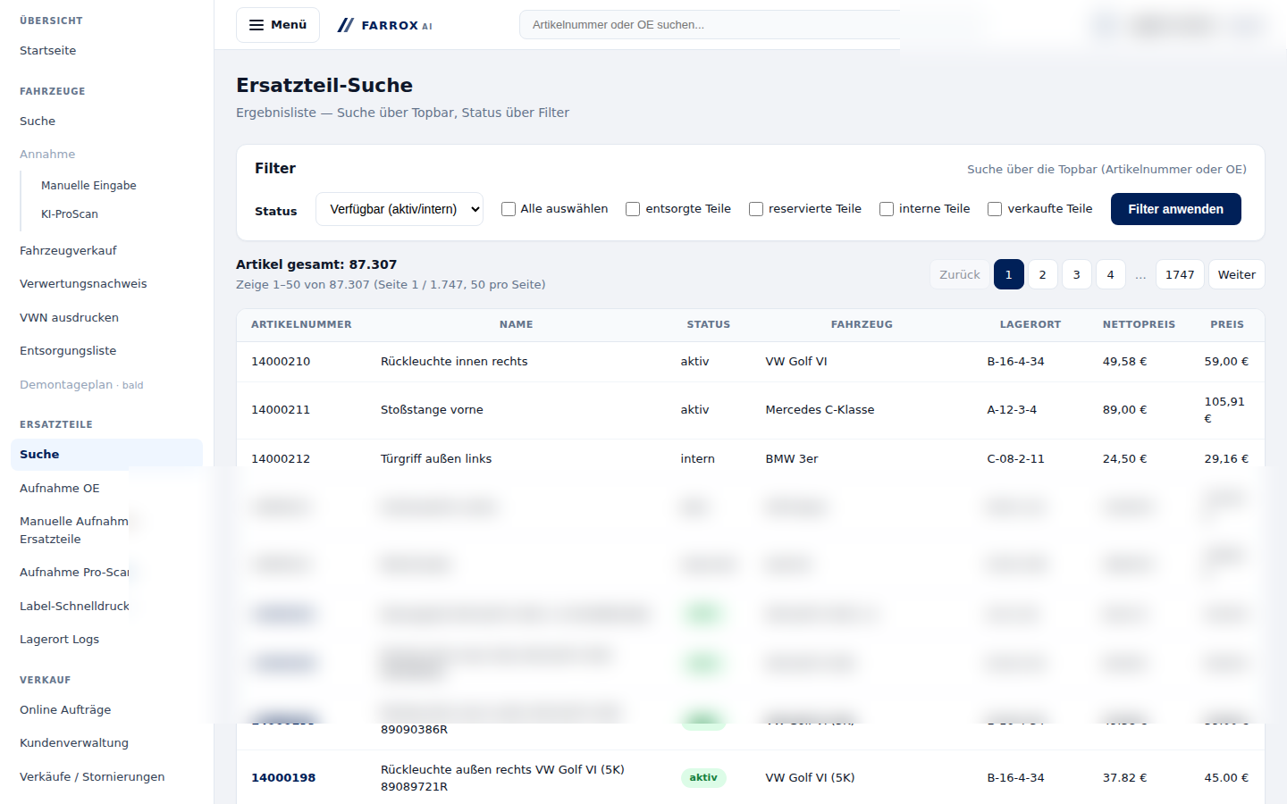 Screenshot Farrox ERP Teileübersicht